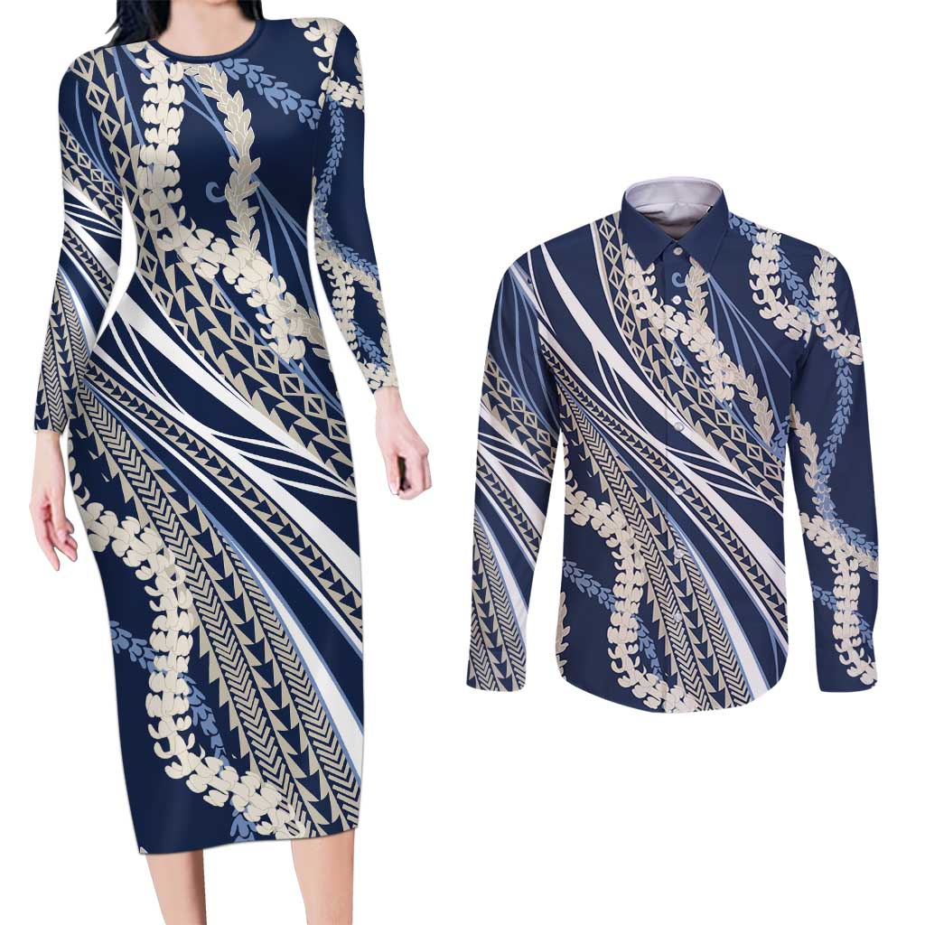 Polynesian Puakeniken Pikake Twisted Lei Couples Matching Long Sleeve Bodycon Dress and Long Sleeve Button Shirt Navy Blue LT7 Navy Blue - Polynesian Pride