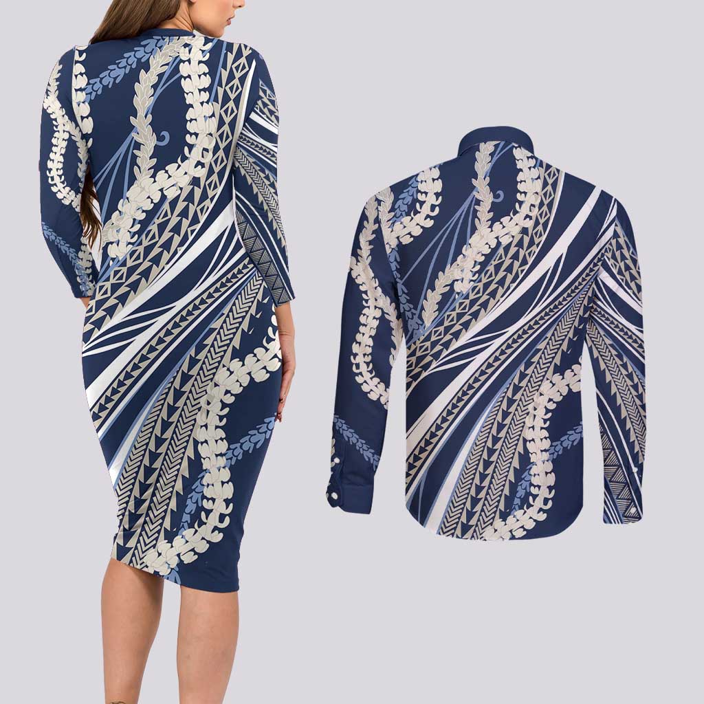 Polynesian Puakeniken Pikake Twisted Lei Couples Matching Long Sleeve Bodycon Dress and Long Sleeve Button Shirt Navy Blue LT7 - Polynesian Pride