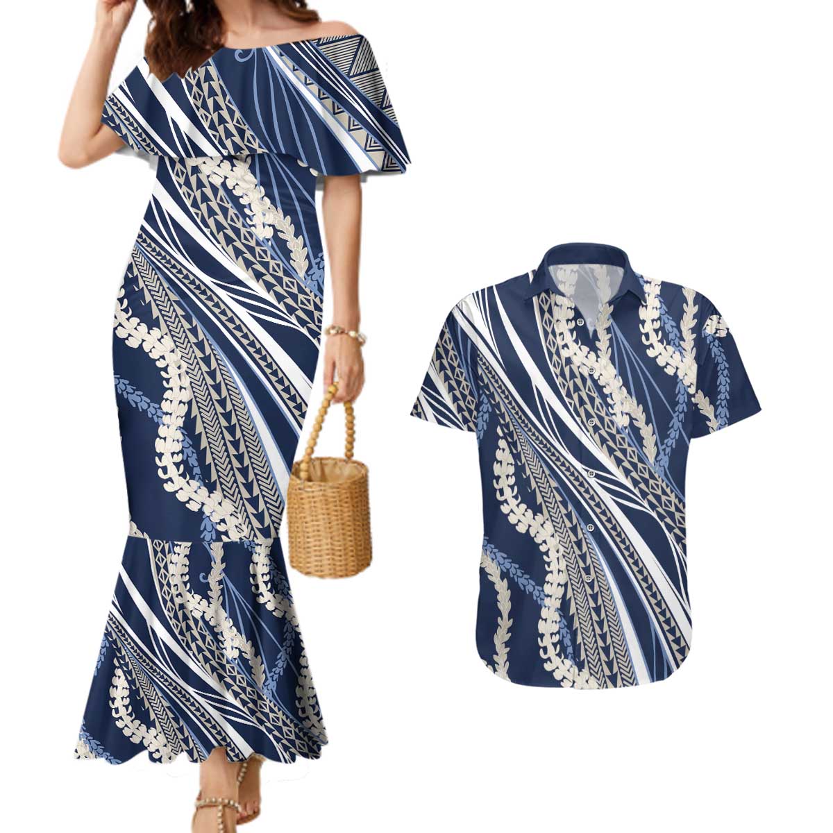 Polynesian Puakeniken Pikake Twisted Lei Couples Matching Mermaid Dress and Hawaiian Shirt Navy Blue LT7 Navy Blue - Polynesian Pride