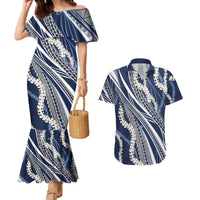 Polynesian Puakeniken Pikake Twisted Lei Couples Matching Mermaid Dress and Hawaiian Shirt Navy Blue LT7 Navy Blue - Polynesian Pride