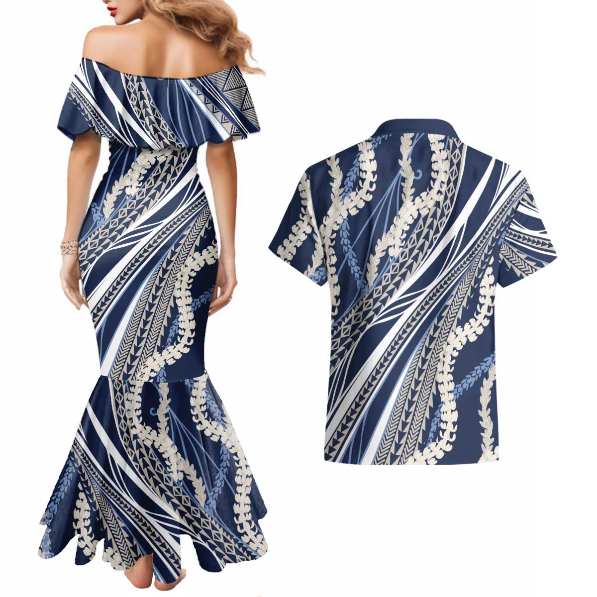 Polynesian Puakeniken Pikake Twisted Lei Couples Matching Mermaid Dress and Hawaiian Shirt Navy Blue LT7 - Polynesian Pride