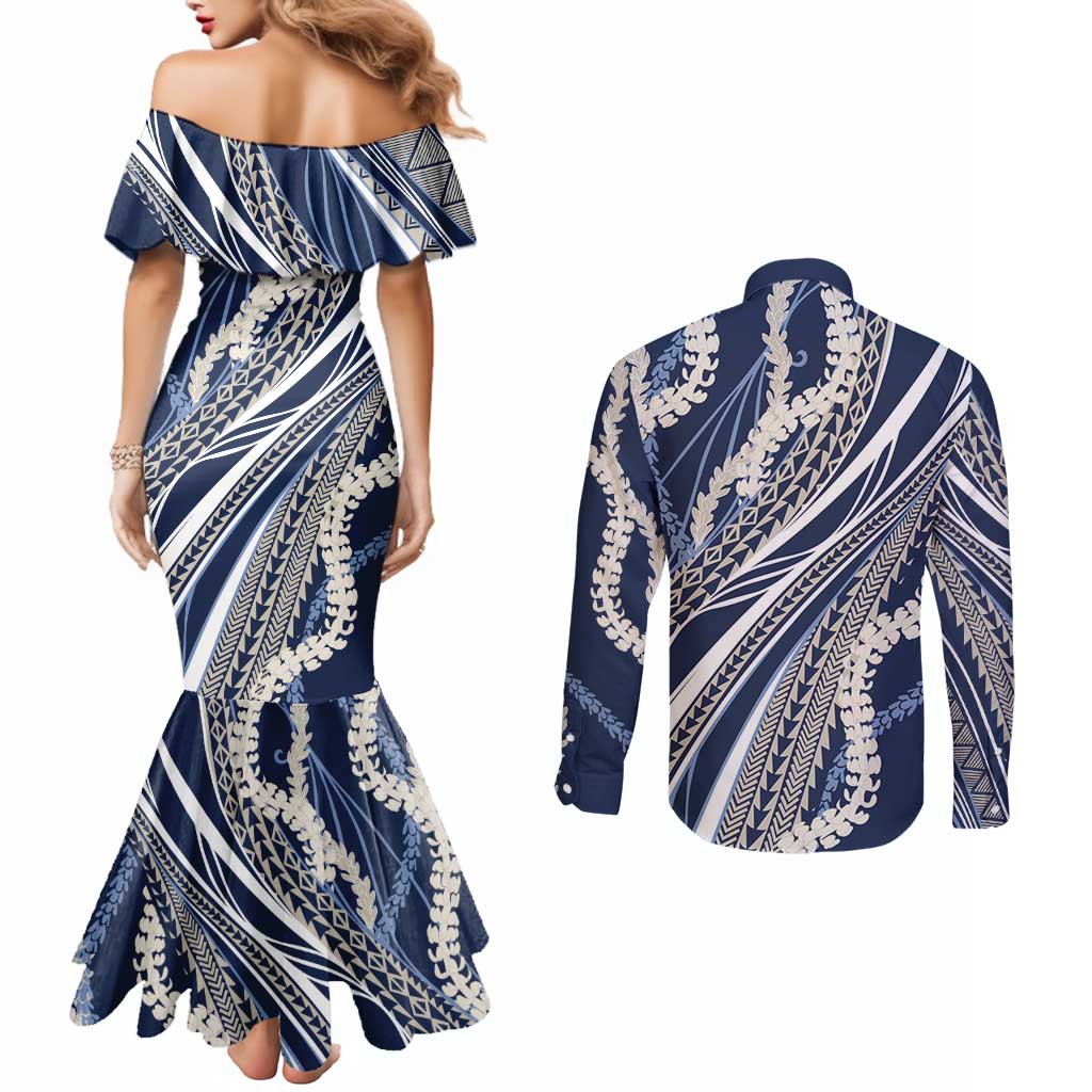 Polynesian Puakeniken Pikake Twisted Lei Couples Matching Mermaid Dress and Long Sleeve Button Shirt Navy Blue LT7 - Polynesian Pride