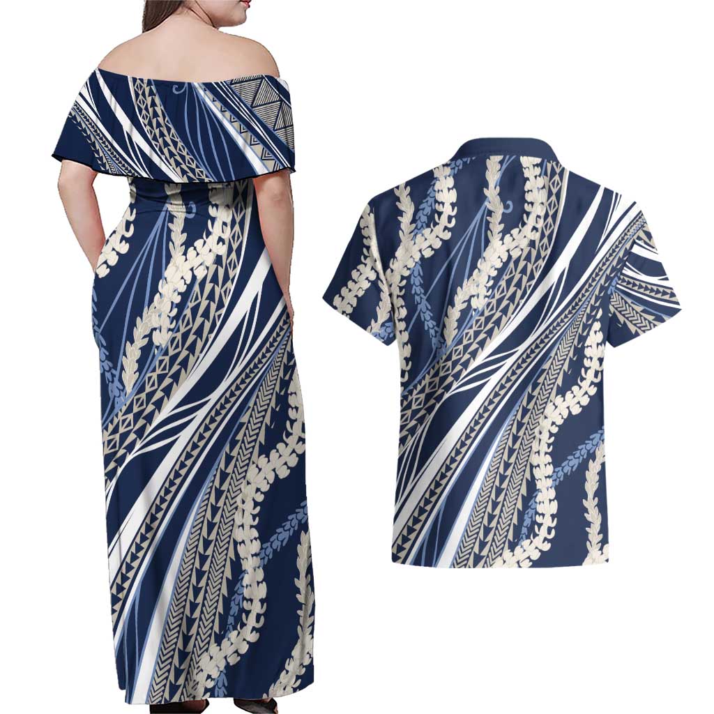 Polynesian Puakeniken Pikake Twisted Lei Couples Matching Off Shoulder Maxi Dress and Hawaiian Shirt Navy Blue LT7 - Polynesian Pride