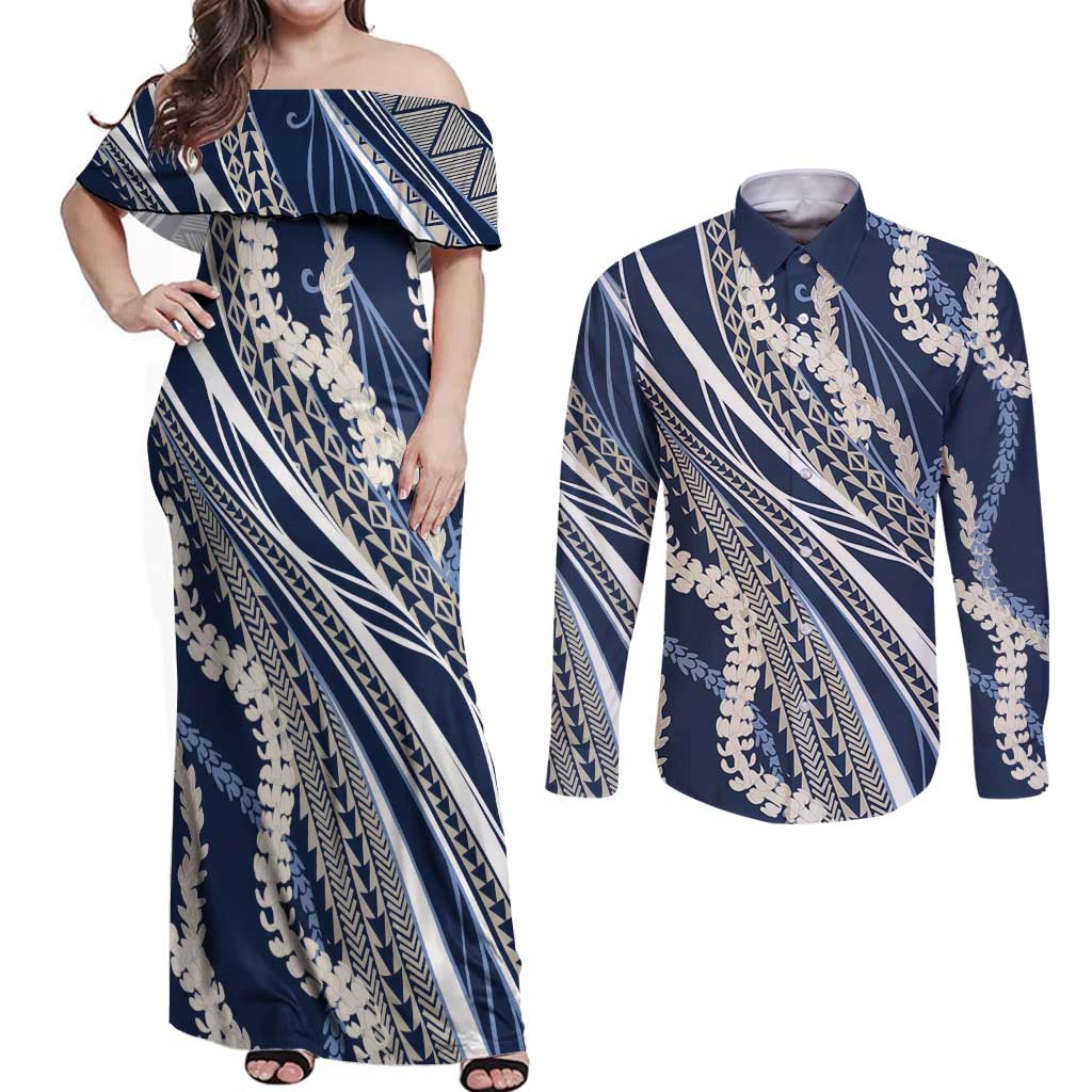 Polynesian Puakeniken Pikake Twisted Lei Couples Matching Off Shoulder Maxi Dress and Long Sleeve Button Shirt Navy Blue - Polynesian Pride