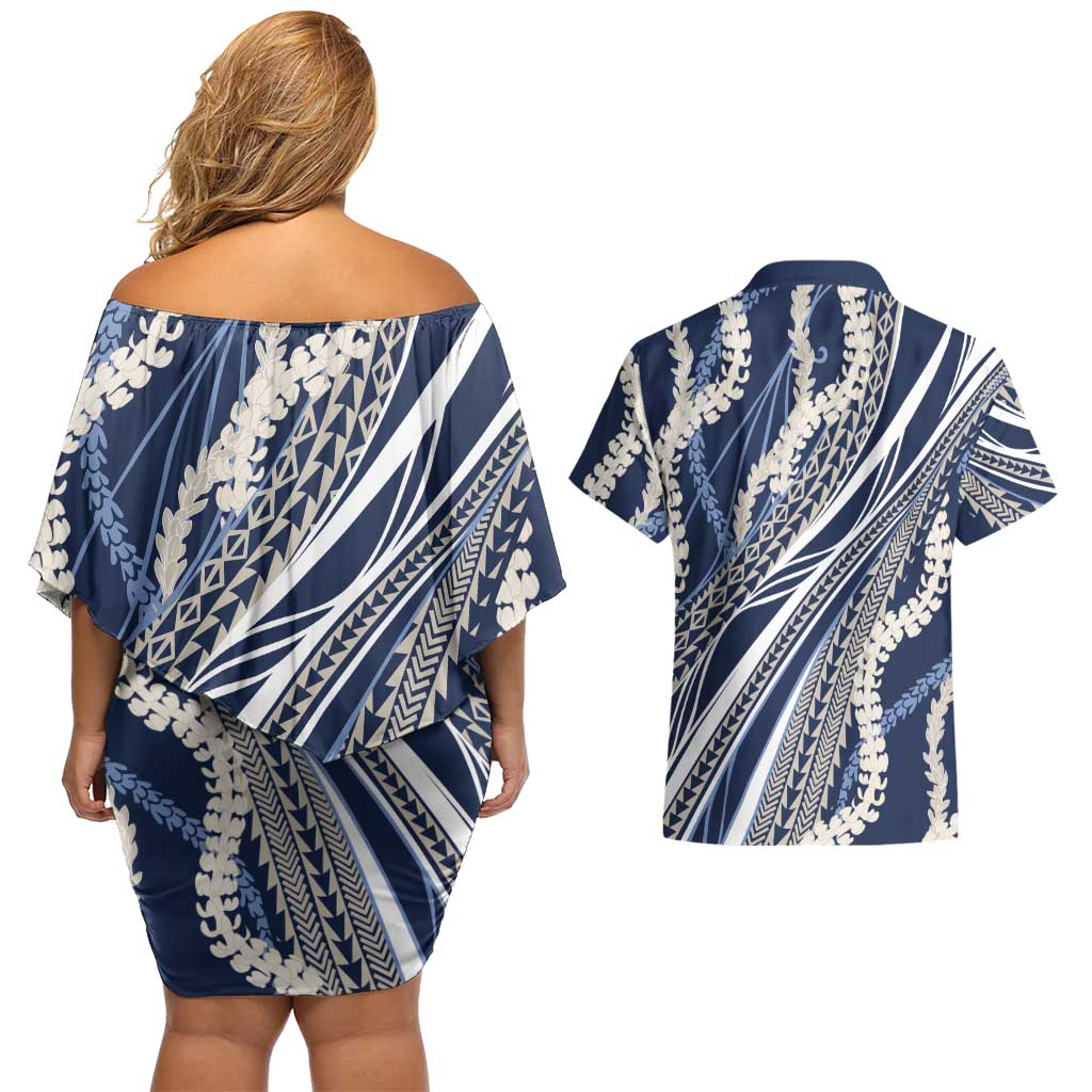Polynesian Puakeniken Pikake Twisted Lei Couples Matching Off Shoulder Short Dress and Hawaiian Shirt Navy Blue LT7 - Polynesian Pride