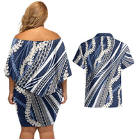 Polynesian Puakeniken Pikake Twisted Lei Couples Matching Off Shoulder Short Dress and Hawaiian Shirt Navy Blue LT7 - Polynesian Pride