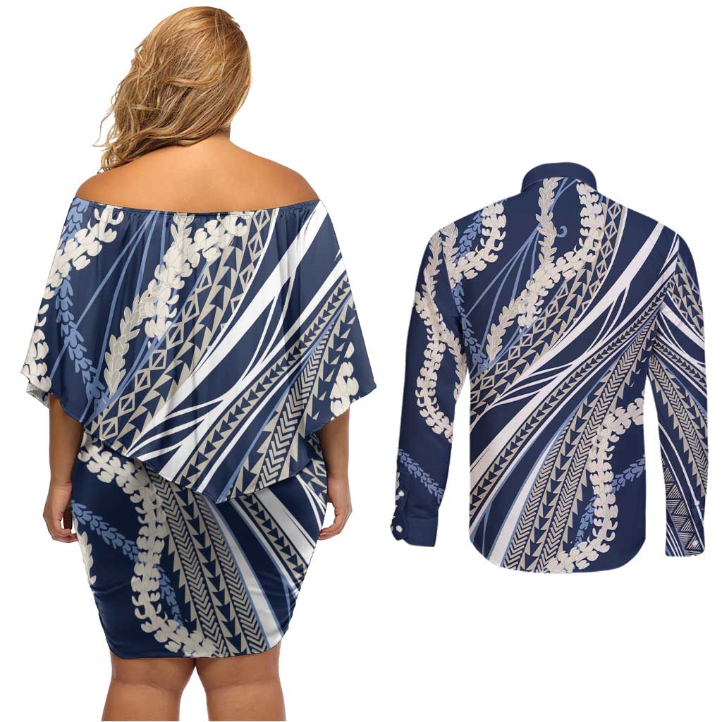 Polynesian Puakeniken Pikake Twisted Lei Couples Matching Off Shoulder Short Dress and Long Sleeve Button Shirt Navy Blue - Polynesian Pride