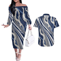 Polynesian Puakeniken Pikake Twisted Lei Couples Matching Off The Shoulder Long Sleeve Dress and Hawaiian Shirt Navy Blue LT7 Navy Blue - Polynesian Pride