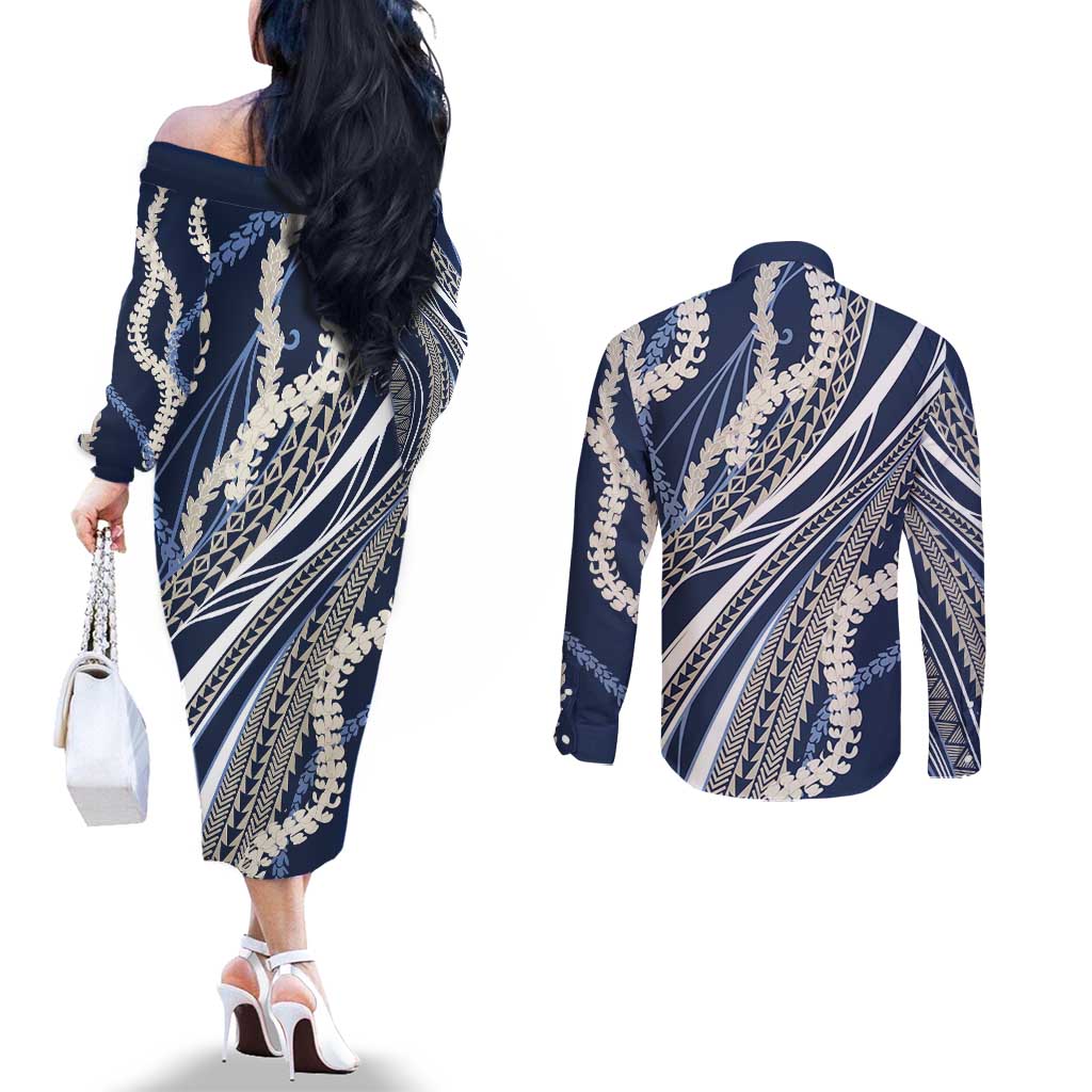 Polynesian Puakeniken Pikake Twisted Lei Couples Matching Off The Shoulder Long Sleeve Dress and Long Sleeve Button Shirt Navy Blue LT7 - Polynesian Pride