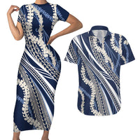 Polynesian Puakeniken Pikake Twisted Lei Couples Matching Short Sleeve Bodycon Dress and Hawaiian Shirt Navy Blue LT7 Navy Blue - Polynesian Pride