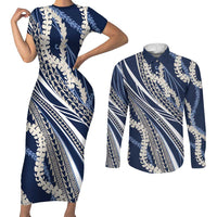 Polynesian Puakeniken Pikake Twisted Lei Couples Matching Short Sleeve Bodycon Dress and Long Sleeve Button Shirt Navy Blue LT7 Navy Blue - Polynesian Pride