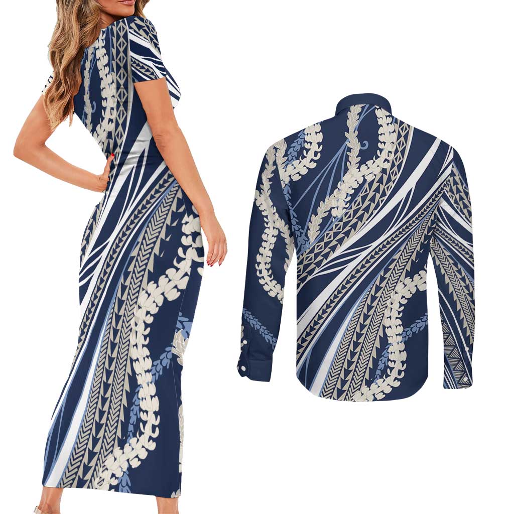 Polynesian Puakeniken Pikake Twisted Lei Couples Matching Short Sleeve Bodycon Dress and Long Sleeve Button Shirt Navy Blue LT7 - Polynesian Pride