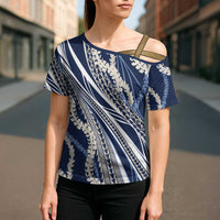 Polynesian Puakeniken Pikake Twisted Lei Cross Shoulder Shirt Navy Blue - Polynesian Pride