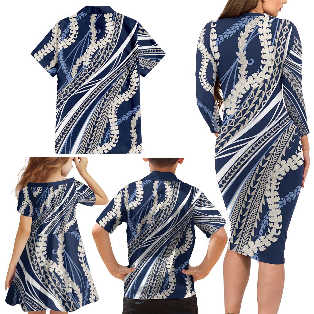Polynesian Puakeniken Pikake Twisted Lei Family Matching Long Sleeve Bodycon Dress and Hawaiian Shirt Navy Blue LT7 - Polynesian Pride