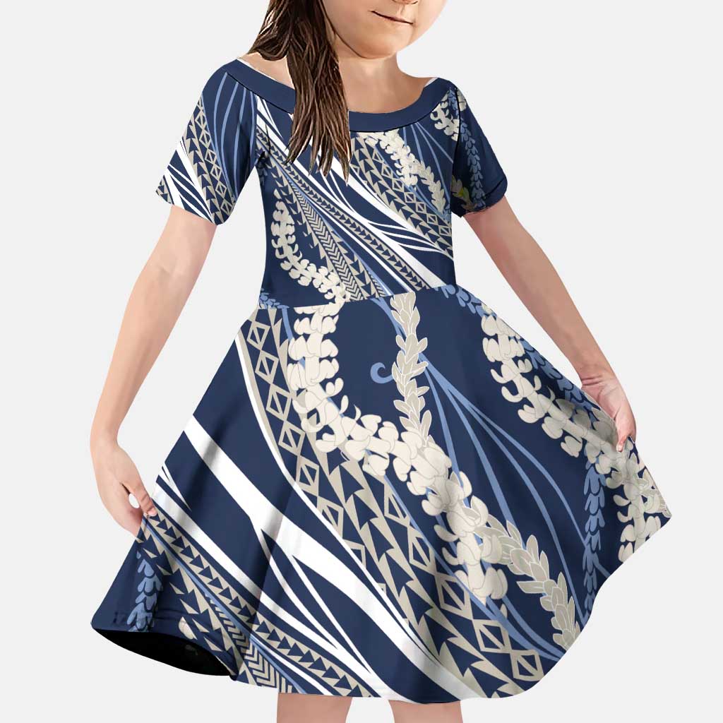 Polynesian Puakeniken Pikake Twisted Lei Family Matching Mermaid Dress and Hawaiian Shirt Navy Blue LT7 Daughter's Dress Navy Blue - Polynesian Pride