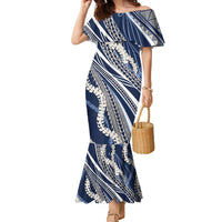 Polynesian Puakeniken Pikake Twisted Lei Family Matching Mermaid Dress and Hawaiian Shirt Navy Blue LT7 Mom's Dress Navy Blue - Polynesian Pride