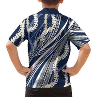 Polynesian Puakeniken Pikake Twisted Lei Family Matching Off The Shoulder Long Sleeve Dress and Hawaiian Shirt Navy Blue LT7 - Polynesian Pride