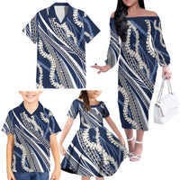 Polynesian Puakeniken Pikake Twisted Lei Family Matching Off The Shoulder Long Sleeve Dress and Hawaiian Shirt Navy Blue LT7 - Polynesian Pride