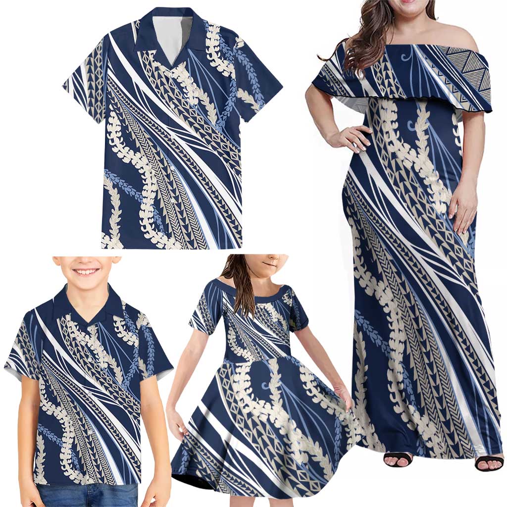 Polynesian Puakeniken Pikake Twisted Lei Family Matching Off Shoulder Maxi Dress and Hawaiian Shirt Navy Blue LT7 - Polynesian Pride