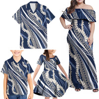 Polynesian Puakeniken Pikake Twisted Lei Family Matching Off Shoulder Maxi Dress and Hawaiian Shirt Navy Blue LT7 - Polynesian Pride
