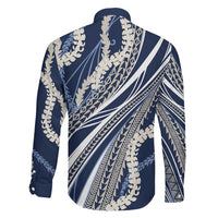 Polynesian Puakeniken Pikake Twisted Lei Family Matching Off Shoulder Maxi Dress and Hawaiian Shirt Navy Blue LT7 - Polynesian Pride
