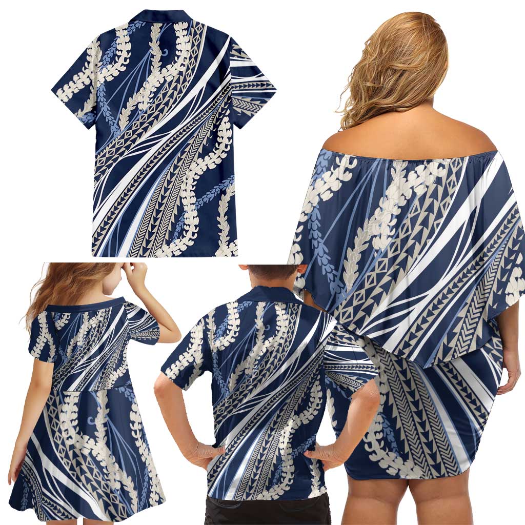 Polynesian Puakeniken Pikake Twisted Lei Family Matching Off Shoulder Short Dress and Hawaiian Shirt Navy Blue LT7 - Polynesian Pride