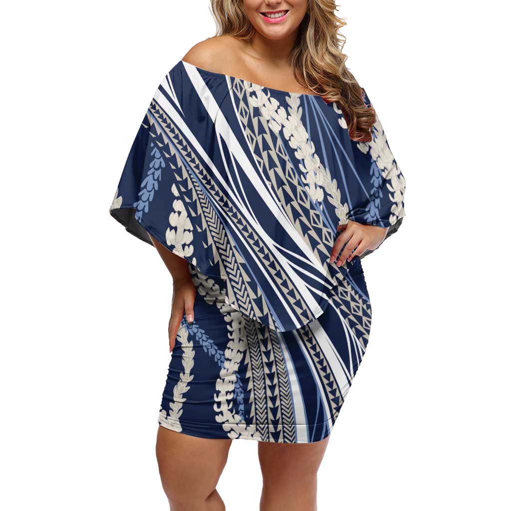 Polynesian Puakeniken Pikake Twisted Lei Family Matching Off Shoulder Short Dress and Hawaiian Shirt Navy Blue LT7 Mom's Dress Navy Blue - Polynesian Pride