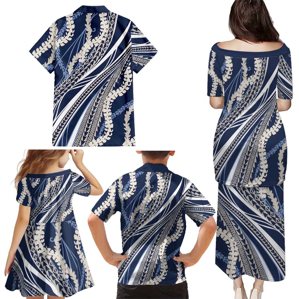 Polynesian Puakeniken Pikake Twisted Lei Family Matching Puletasi and Hawaiian Shirt Navy Blue LT7 - Polynesian Pride