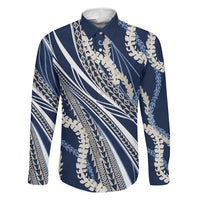 Polynesian Puakeniken Pikake Twisted Lei Family Matching Puletasi and Hawaiian Shirt Navy Blue LT7 Dad's Shirt - Long Sleeve Navy Blue - Polynesian Pride