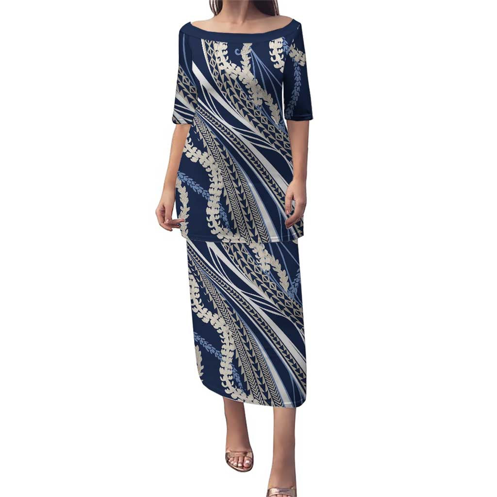Polynesian Puakeniken Pikake Twisted Lei Family Matching Puletasi and Hawaiian Shirt Navy Blue LT7 Mom's Dress Navy Blue - Polynesian Pride
