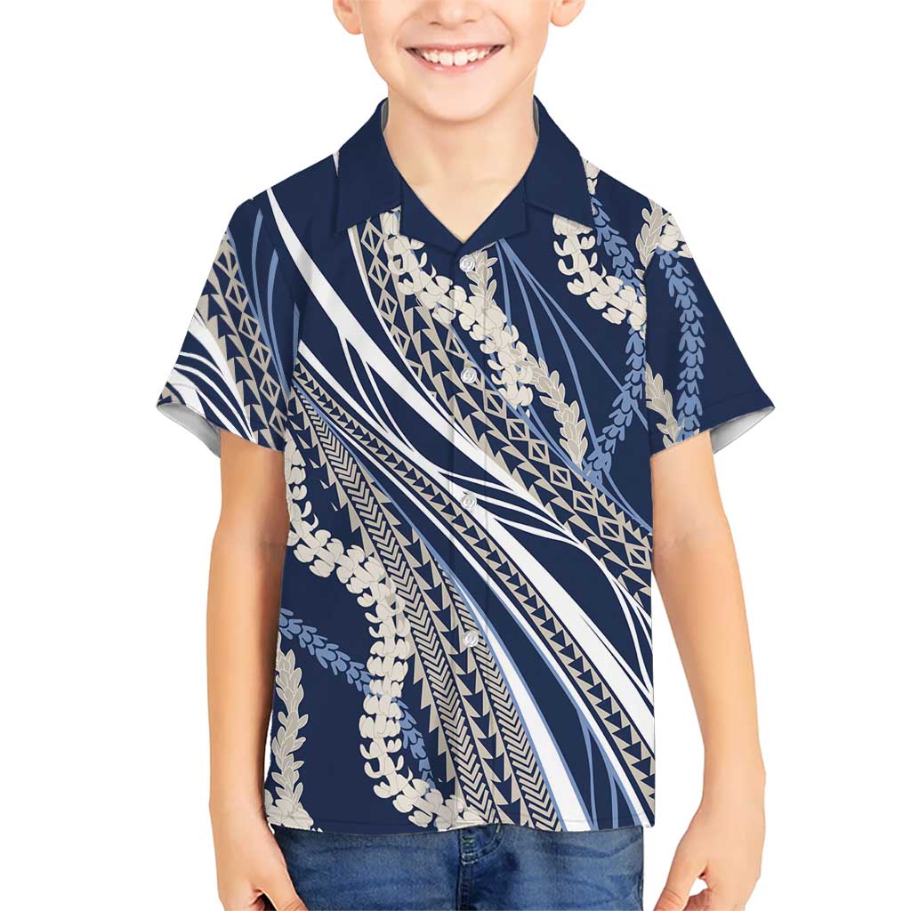Polynesian Puakeniken Pikake Twisted Lei Family Matching Puletasi and Hawaiian Shirt Navy Blue LT7 Son's Shirt Navy Blue - Polynesian Pride