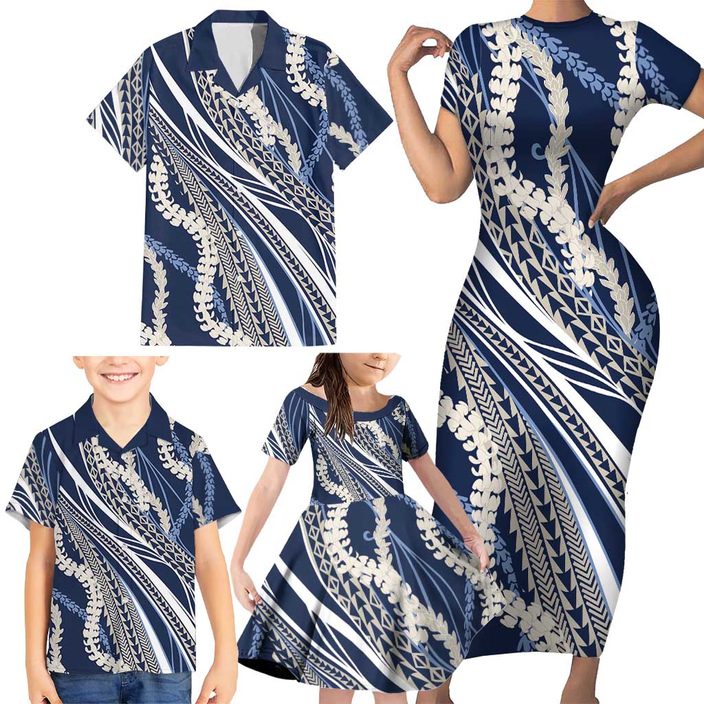 Polynesian Puakeniken Pikake Twisted Lei Family Matching Short Sleeve Bodycon Dress and Hawaiian Shirt Navy Blue - Polynesian Pride