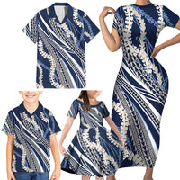 Polynesian Puakeniken Pikake Twisted Lei Family Matching Short Sleeve Bodycon Dress and Hawaiian Shirt Navy Blue LT7 - Polynesian Pride