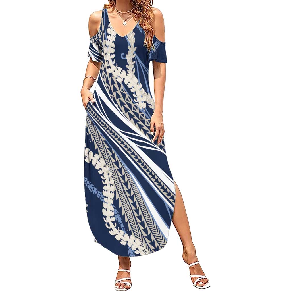 Polynesian Puakeniken Pikake Twisted Lei Family Matching Summer Maxi Dress and Hawaiian Shirt Navy Blue LT7 Mom's Dress Navy Blue - Polynesian Pride