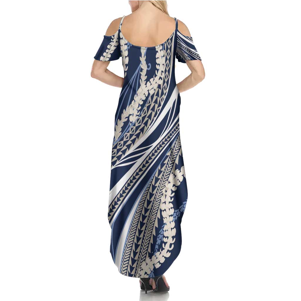 Polynesian Puakeniken Pikake Twisted Lei Family Matching Summer Maxi Dress and Hawaiian Shirt Navy Blue LT7 - Polynesian Pride