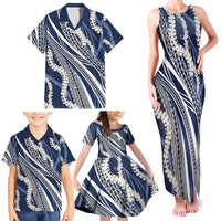 Polynesian Puakeniken Pikake Twisted Lei Family Matching Tank Maxi Dress and Hawaiian Shirt Navy Blue LT7 - Polynesian Pride