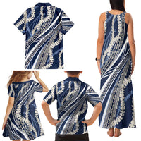Polynesian Puakeniken Pikake Twisted Lei Family Matching Tank Maxi Dress and Hawaiian Shirt Navy Blue LT7 - Polynesian Pride