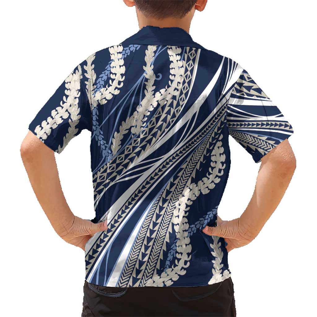 Polynesian Puakeniken Pikake Twisted Lei Kid Hawaiian Shirt Navy Blue - Polynesian Pride