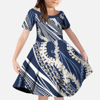 Polynesian Puakeniken Pikake Twisted Lei Kid Short Sleeve Dress Navy Blue - Polynesian Pride