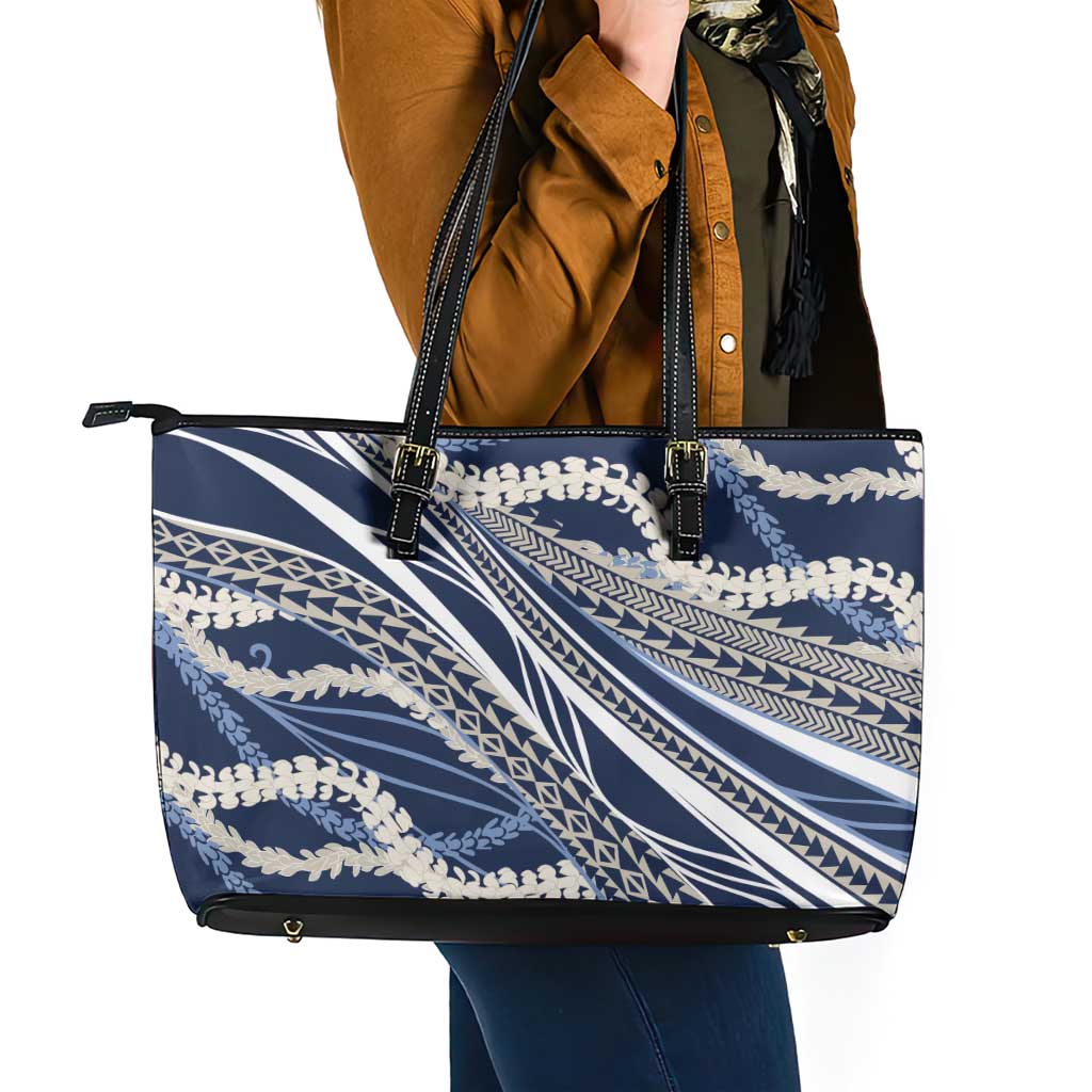 Polynesian Puakeniken Pikake Twisted Lei Leather Tote Bag Navy Blue - Polynesian Pride