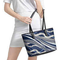 Polynesian Puakeniken Pikake Twisted Lei Leather Tote Bag Navy Blue - Polynesian Pride