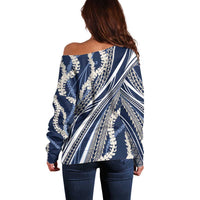 Polynesian Puakeniken Pikake Twisted Lei Off Shoulder Sweater Navy Blue LT7 - Polynesian Pride