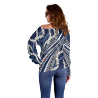 Polynesian Puakeniken Pikake Twisted Lei Off Shoulder Sweater Navy Blue LT7 - Polynesian Pride