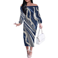 Polynesian Puakeniken Pikake Twisted Lei Off The Shoulder Long Sleeve Dress Navy Blue - Polynesian Pride