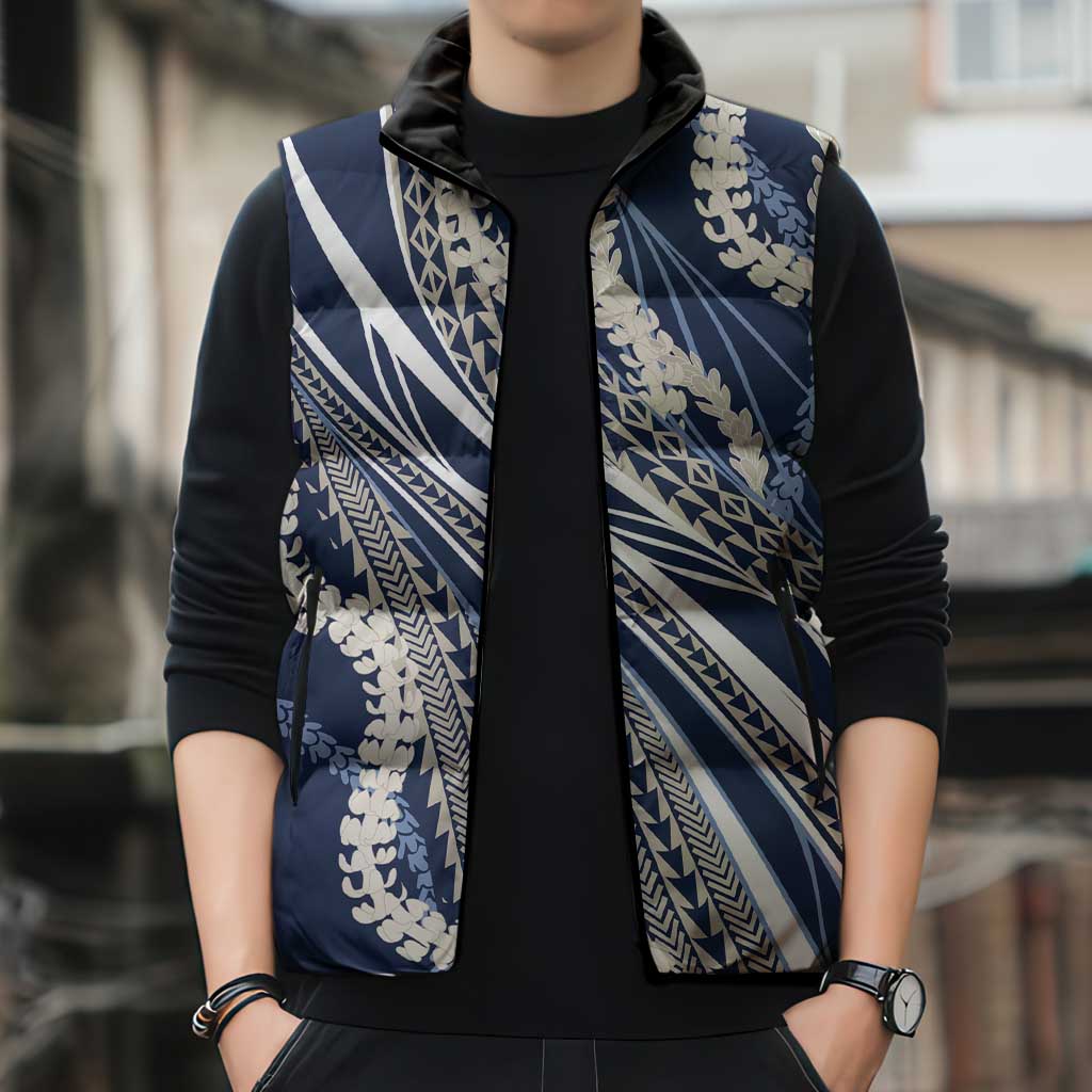 Polynesian Puakeniken Pikake Twisted Lei Sleeveless Puffer Jacket Navy Blue - Polynesian Pride