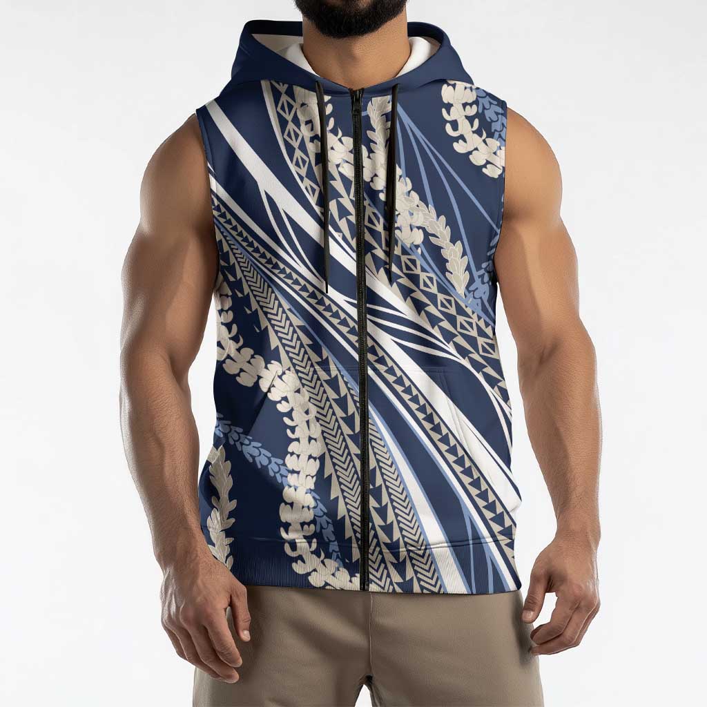 Polynesian Puakeniken Pikake Twisted Lei Sleeveless Zip Hoodie Navy Blue LT7 - Polynesian Pride