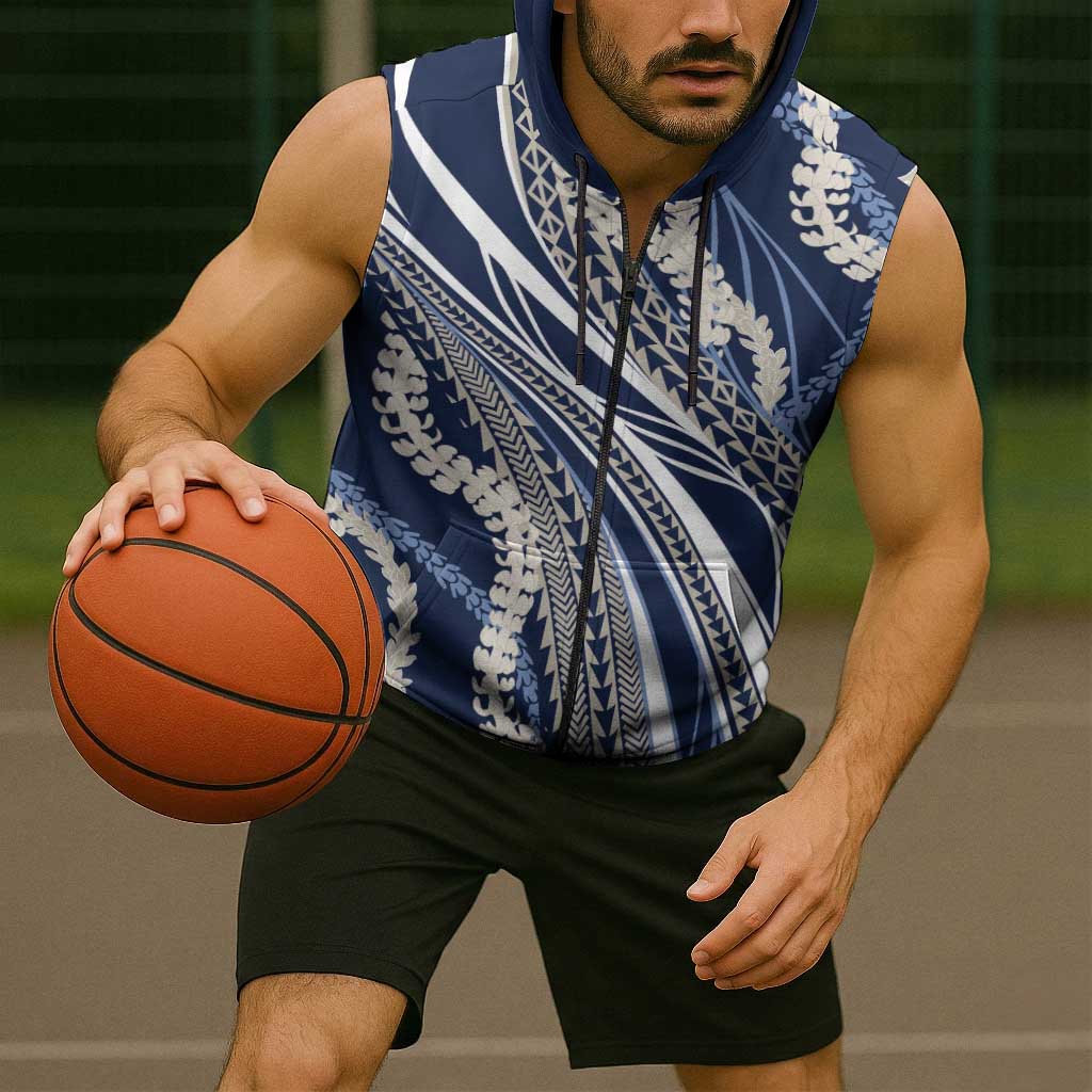 Polynesian Puakeniken Pikake Twisted Lei Sleeveless Zip Hoodie Navy Blue LT7 - Polynesian Pride