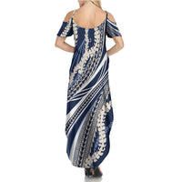 Polynesian Puakeniken Pikake Twisted Lei Summer Maxi Dress Navy Blue - Polynesian Pride