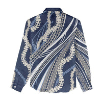 Polynesian Puakeniken Pikake Twisted Lei Women Casual Shirt Navy Blue - Polynesian Pride