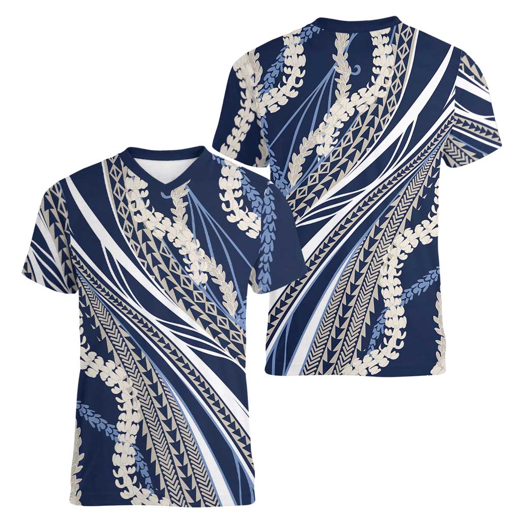 Polynesian Puakeniken Pikake Twisted Lei Women V-Neck T-Shirt Navy Blue - Polynesian Pride